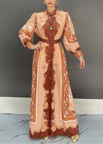 Orange Peter Pan Collar Print Cotton Maxi Dress Fall