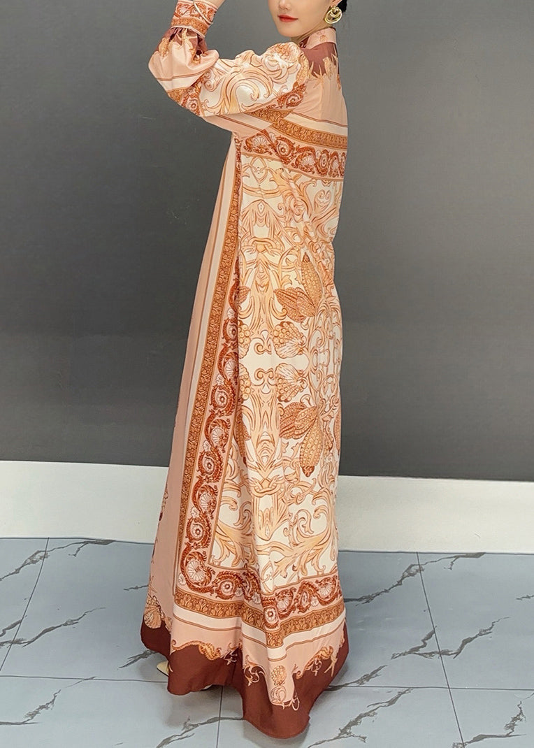 Orange Peter Pan Collar Print Cotton Maxi Dress Fall