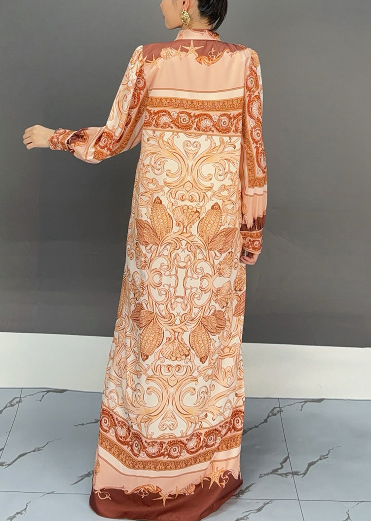 Orange Peter Pan Collar Print Cotton Maxi Dress Fall