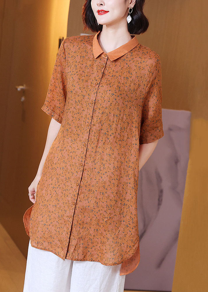 Orange Peter Pan Collar Print Patchwork Linen Shirts Top Summer