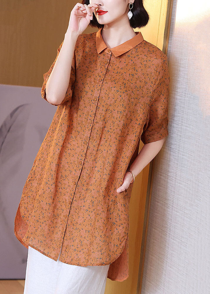 Orange Peter Pan Collar Print Patchwork Linen Shirts Top Summer