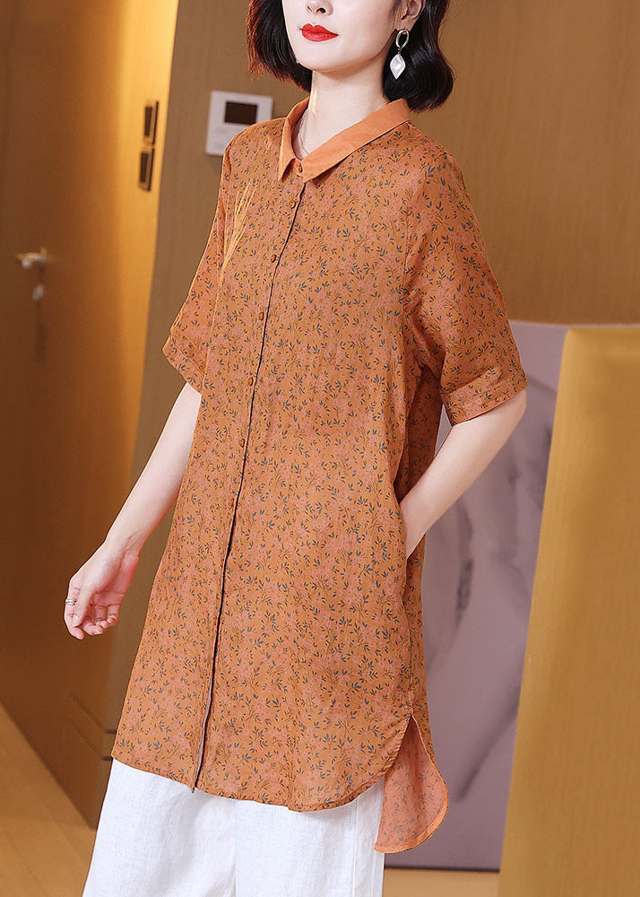Orange Peter Pan Collar Print Patchwork Linen Shirts Top Summer