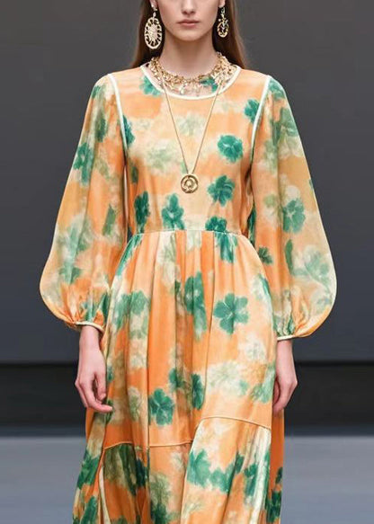 Orange Print Exra Large Hem Chiffon Long Dress Spring