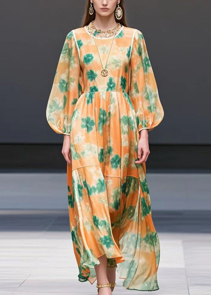 Orange Print Exra Large Hem Chiffon Long Dress Spring