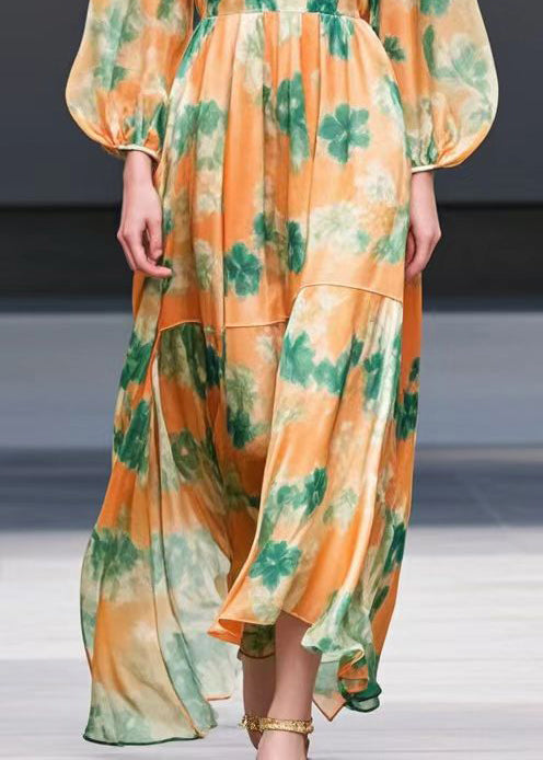 Orange Print Exra Large Hem Chiffon Long Dress Spring