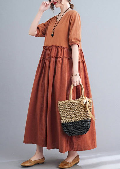 Orange Ruffled Patchwork Exra Large Hem Cotton Long Dress Summer