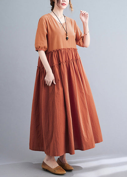 Orange Ruffled Patchwork Exra Large Hem Cotton Long Dress Summer