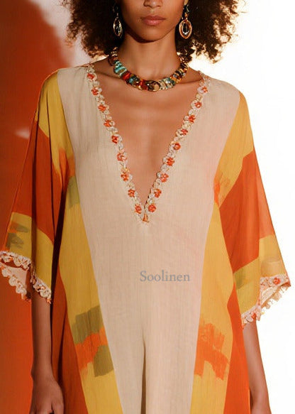 Orange Ruffled Print Chiffon Holiday Dress Summer