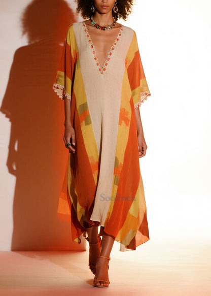Orange Ruffled Print Chiffon Holiday Dress Summer