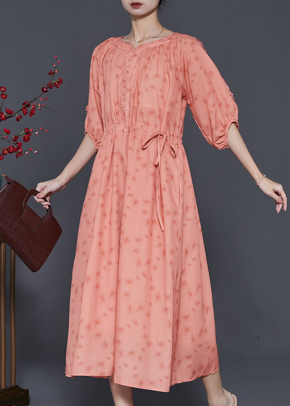 Orange Ruffled Print Linen Cinched Dress Summer
