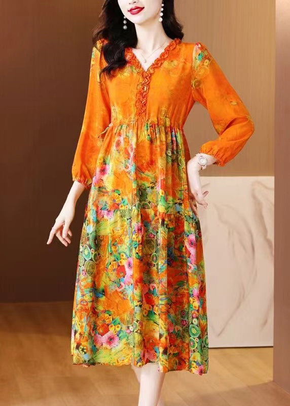 Orange Ruffled Print Patchwork Silk Long Dress Spring