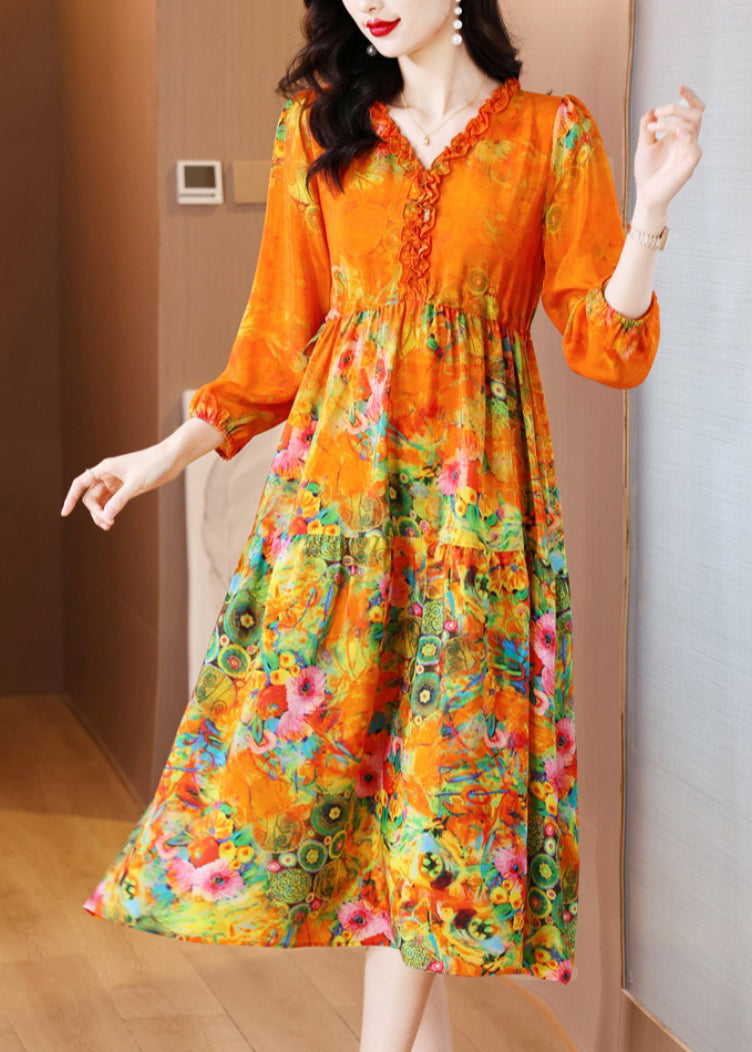 Orange Ruffled Print Patchwork Silk Long Dress Spring