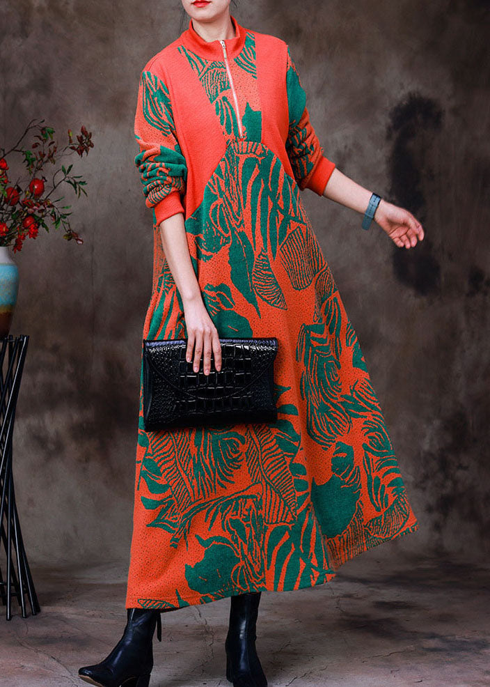 Orange Stand Collar Zip Up Jacquard Knit Robe Dresses Long Sleeve