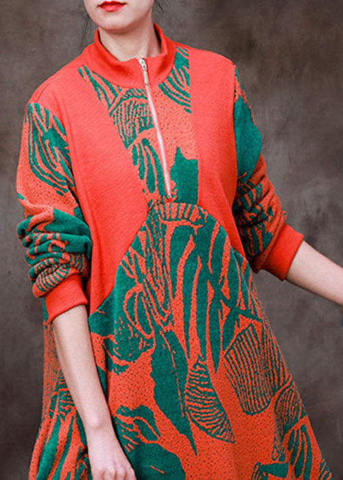 Orange Stand Collar Zip Up Jacquard Knit Robe Dresses Long Sleeve
