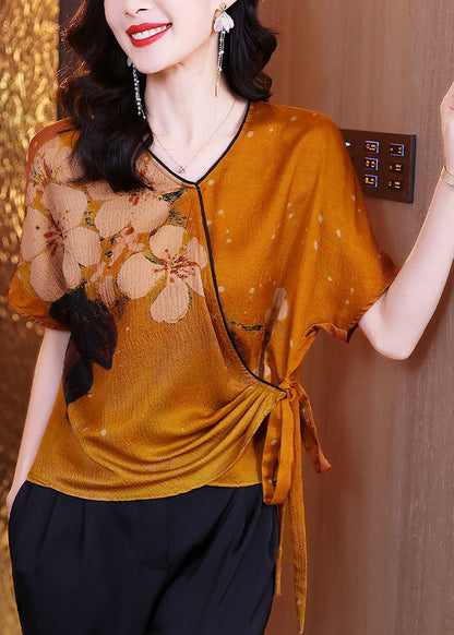 Orange V Neck Asymmetrical Design Tie Waist Print Silk Tops Summer