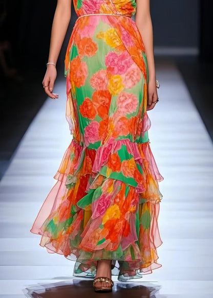 Orange V Neck Chiffon Maxi Dress Summer