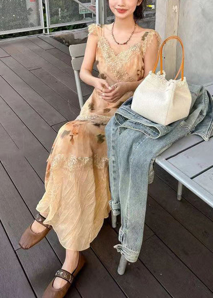 Orange V Neck Lace Patchwork Long Dresses Sleeveless