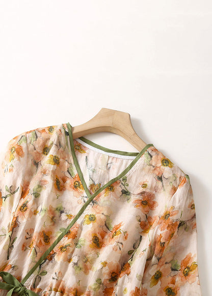Orange V Neck Lace Up Print Linen Dresses Summer