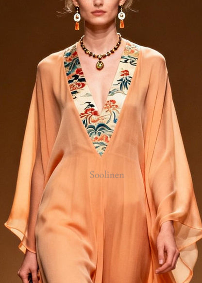 Orange V Neck Patchwork Chiffon Long Dress Summer