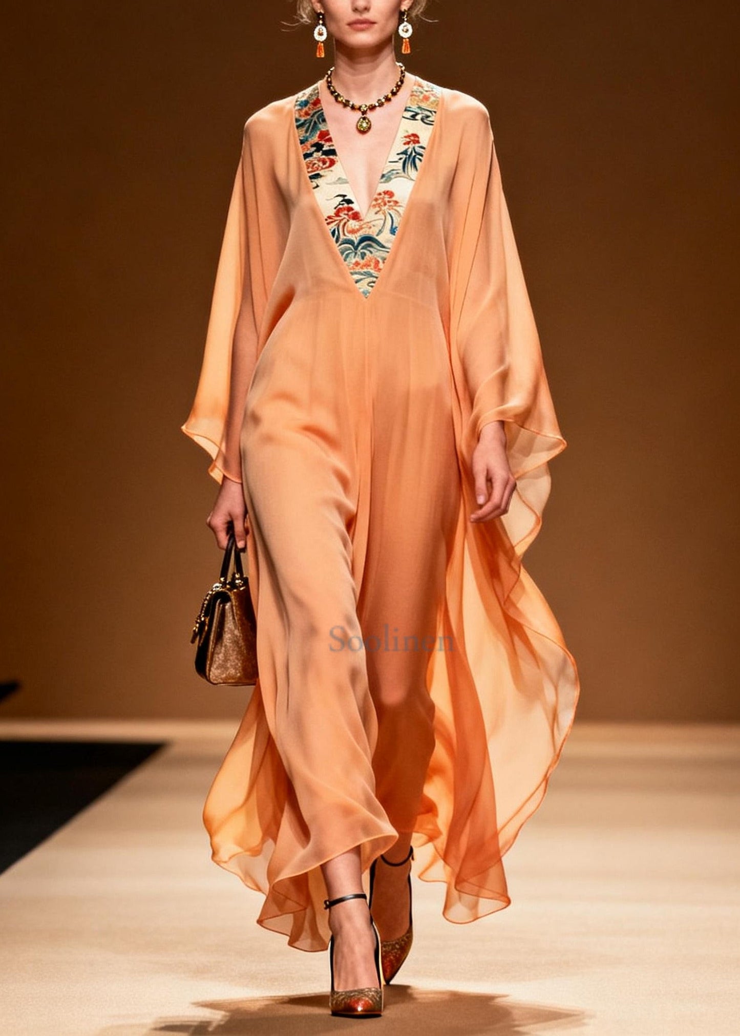 Orange V Neck Patchwork Chiffon Long Dress Summer