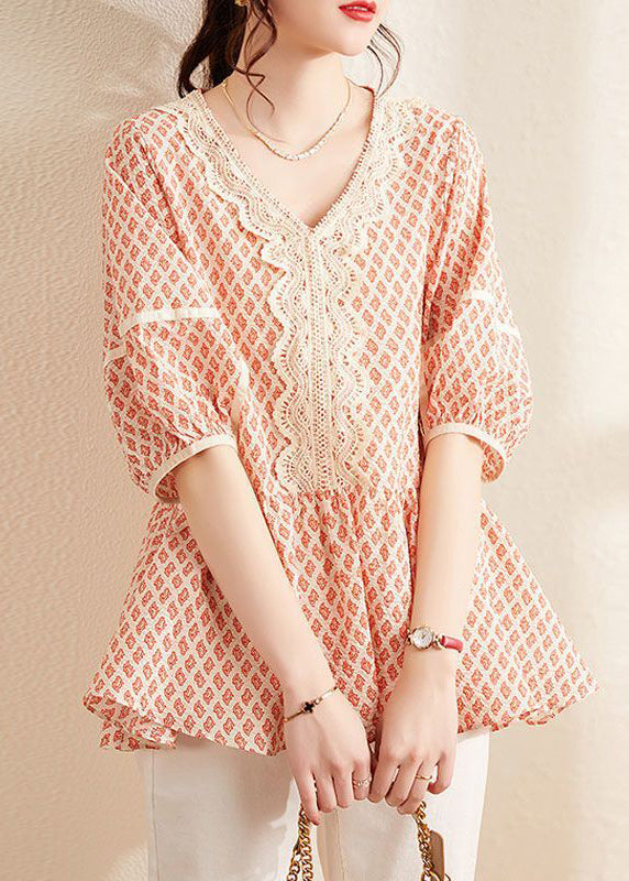 Orange V Neck Print Cotton Blouses Summer