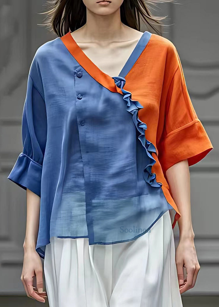 Orange V Neck Ruffled Chiffon Shirts Half Sleeve