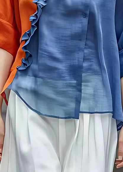 Orange V Neck Ruffled Chiffon Shirts Half Sleeve