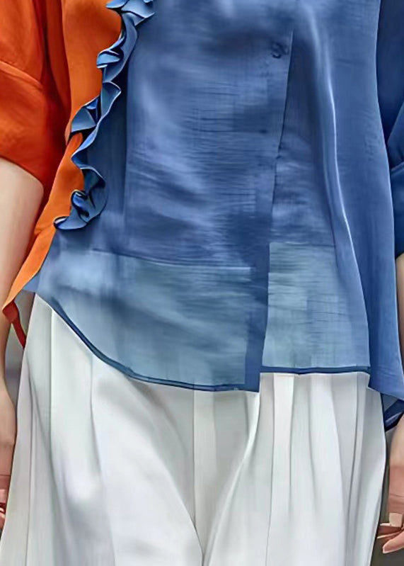 Orange V Neck Ruffled Chiffon Shirts Half Sleeve