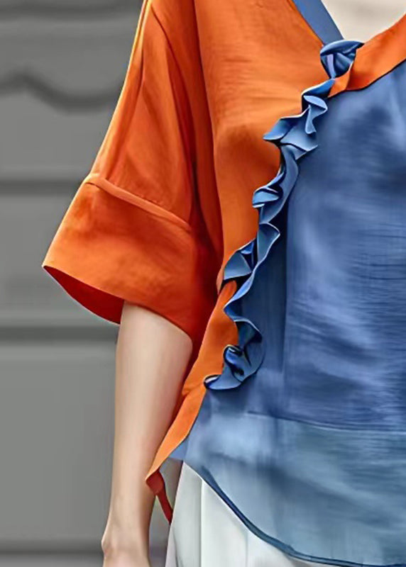 Orange V Neck Ruffled Chiffon Shirts Half Sleeve
