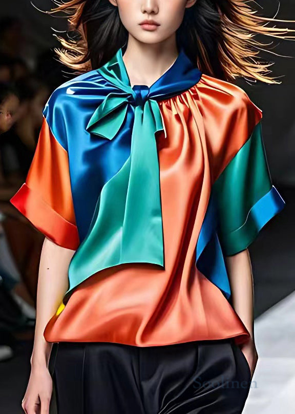 Orange Wrinkled Patchwork Silk Top Summer