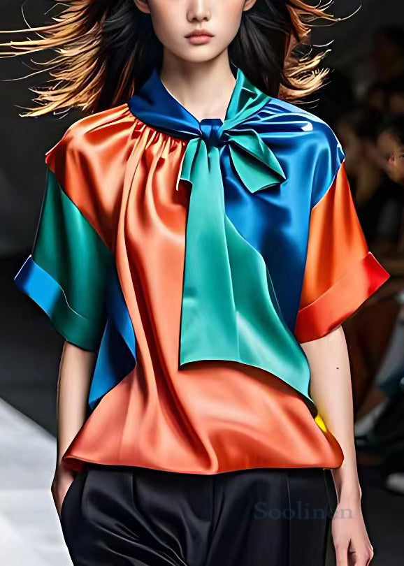 Orange Wrinkled Patchwork Silk Top Summer