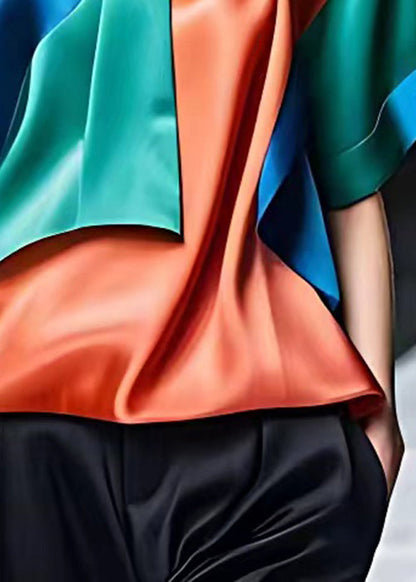 Orange Wrinkled Patchwork Silk Top Summer