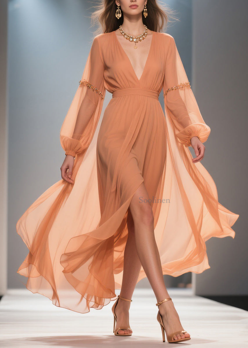 Orange Wrinkled Side Open Chiffon Long Dresses Spring