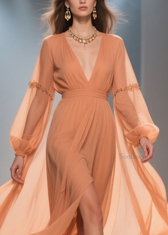 Orange Wrinkled Side Open Chiffon Long Dresses Spring