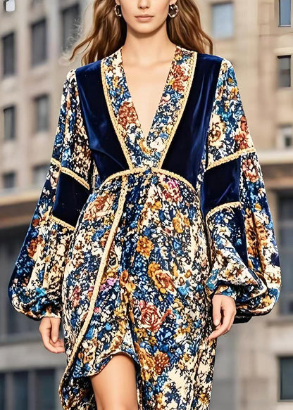 Patchwork Low High Design Silk Velvet Vestidos Dress Lantern Sleeve