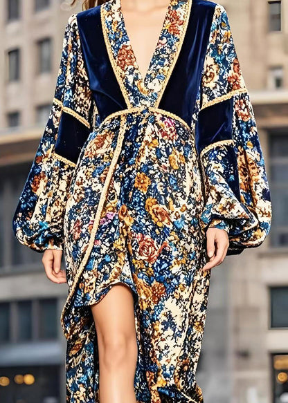 Patchwork Low High Design Silk Velvet Vestidos Dress Lantern Sleeve