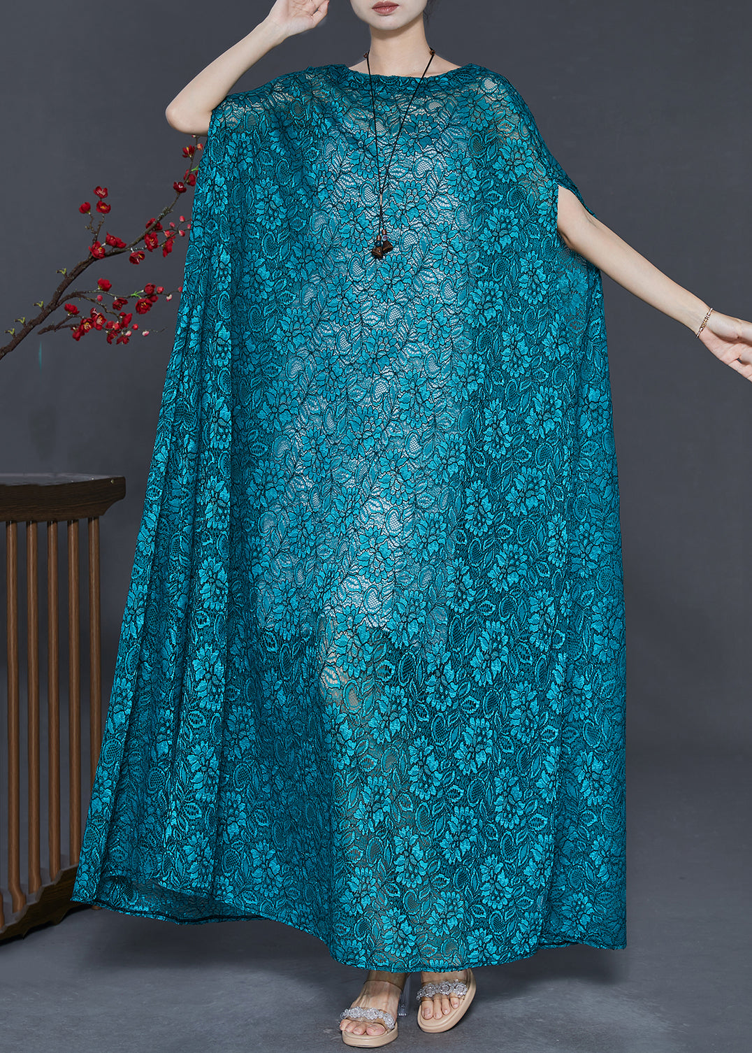 Peacock Blue Embroidered Lace Long Smock Summer