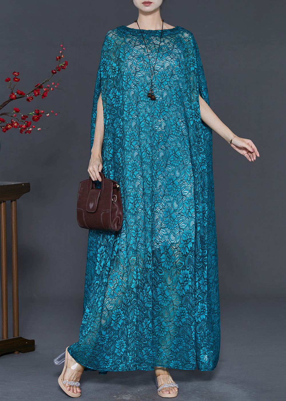 Peacock Blue Embroidered Lace Long Smock Summer