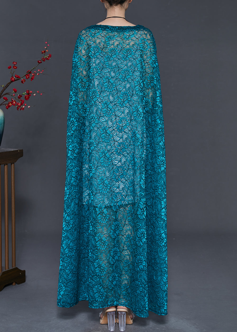 Peacock Blue Embroidered Lace Long Smock Summer