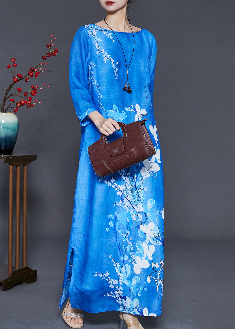 Peacock Blue Print Side Open Linen Dress Bracelet Sleeve