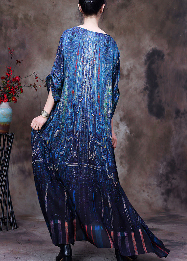 Peacock Blue V Neck Print Side Open Button Silk Long Dresses Summer