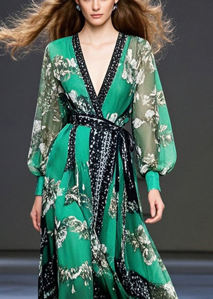 Peacock Green Cinched Print Chiffon Maxi Dresses Spring