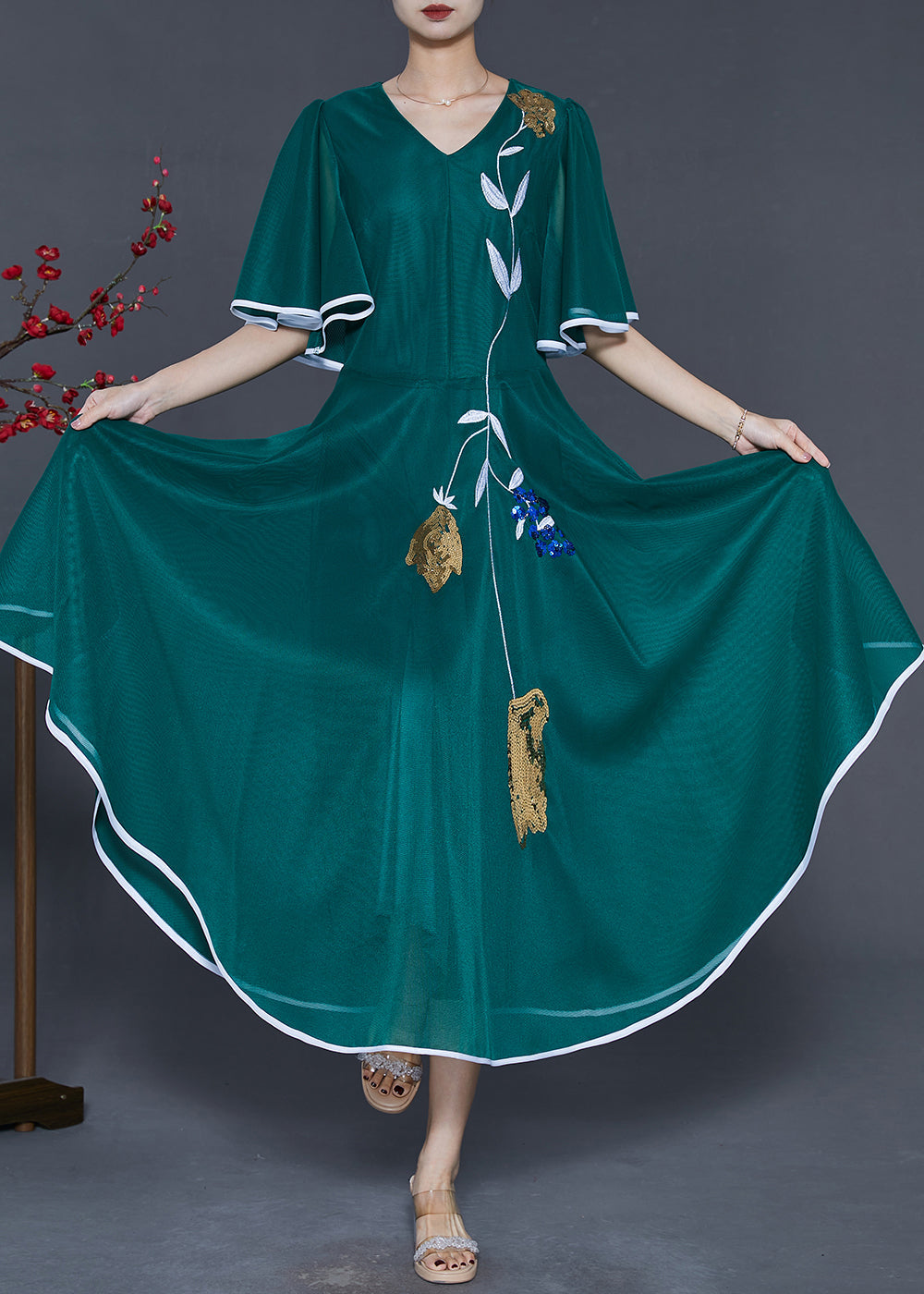 Peacock Green Embroidered Silk Long Dresses Summer