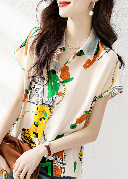 Peter Pan Collar Print Chiffon Shirt Short Sleeve