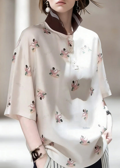 Peter Pan Collar Print Patchwork Silk Shirts Half Sleeve