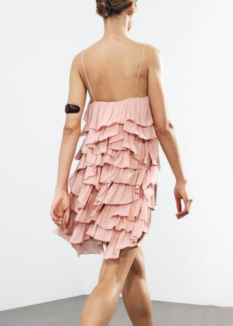 Pink Backless Layered Cotton Spaghetti Strap Dress Sleeveless