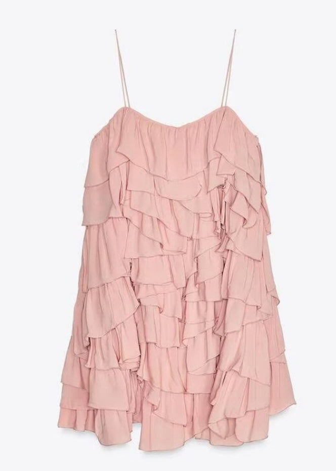 Pink Backless Layered Cotton Spaghetti Strap Dress Sleeveless