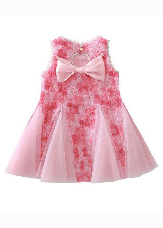 Pink Bow Nail Bead Patchwork Tulle Baby Princess Dresses Sleeveless