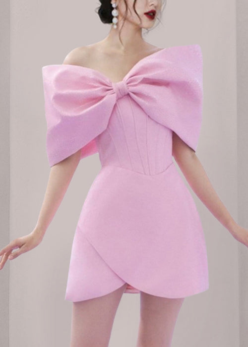 Pink Bow Cotton Mid Dress Summer
