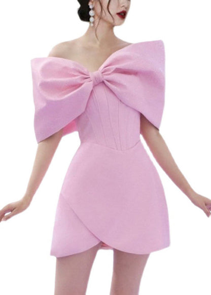 Pink Bow Cotton Mid Dress Summer